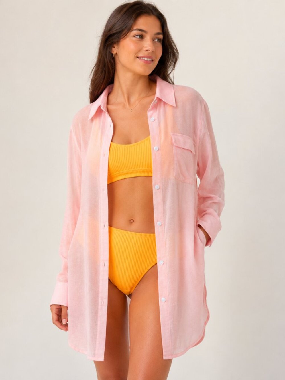 🌸☀️ Zoye Chen Pink Sheer Swim Cover-Up Shirt | Size S | Like New